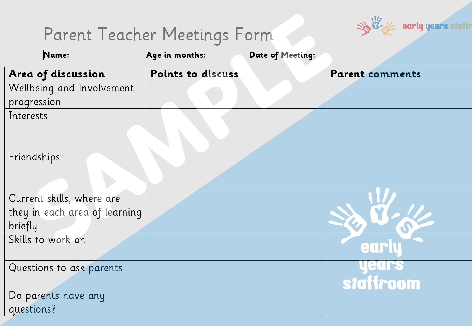 Parent Meeting Form Editable Early Years Staffroom