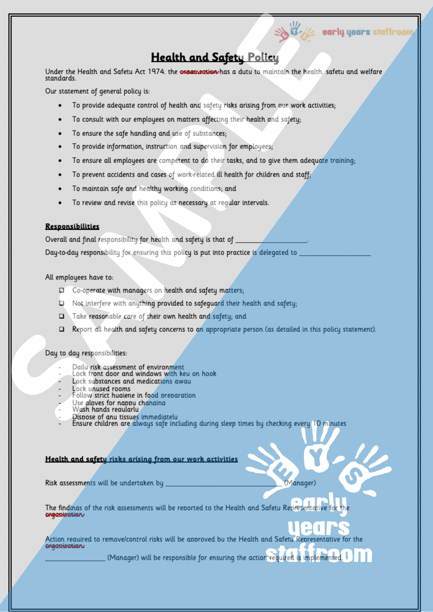 Health And Safety Policy Early Years EYFS Editable Resource