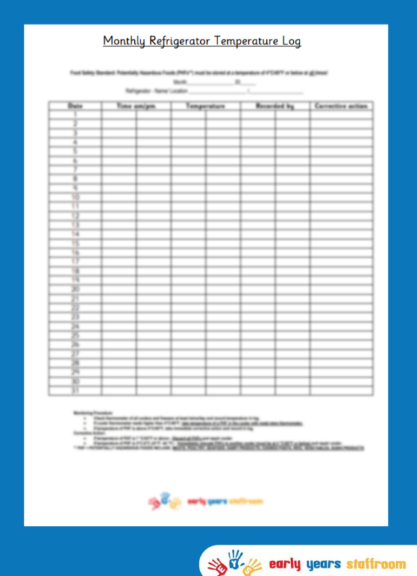 Monthly Refrigerator Temperature Log | Food Safety | Early Years